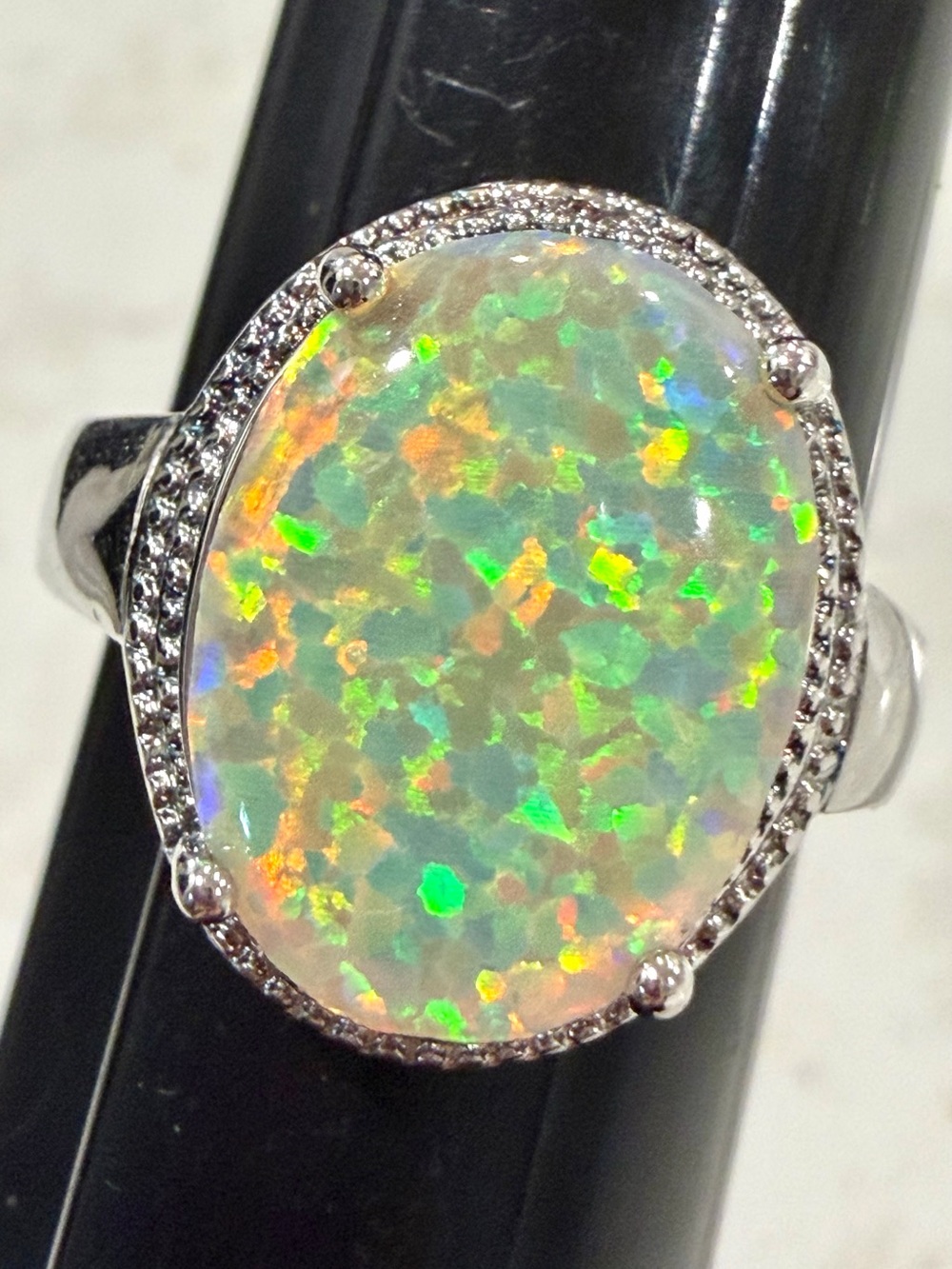 White Opal Beaded Halo Statement Ring - .925 Sterling Silver (Size 8)